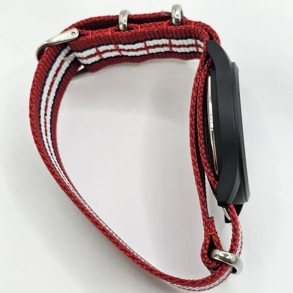 Men's Military Watch 42MM Large Case Black Dial Red Blue White Canvas Band Strap